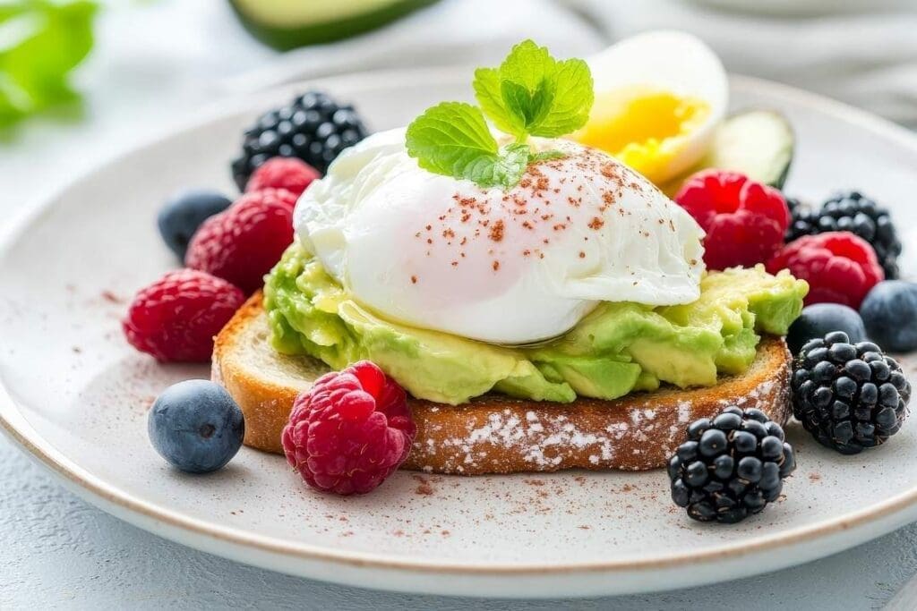Avocado toast with a poached egg, surrounded by fresh blackberries, raspberries, and blueberries—hormone-supportive foods for women’s health.