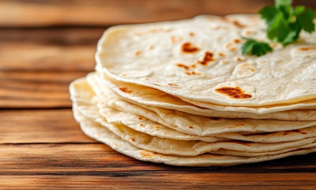 Stack of freshly cooked homemade sourdough tortillas with golden brown spots, resting on a rustic wooden surface, garnished with a sprig of cilantro. Sourdough discard tortilla recipe. Clean eating tortilla alternative.