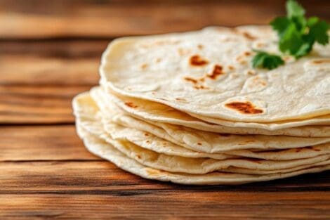 Stack of freshly cooked homemade sourdough tortillas with golden brown spots, resting on a rustic wooden surface, garnished with a sprig of cilantro. Sourdough discard tortilla recipe. Clean eating tortilla alternative.