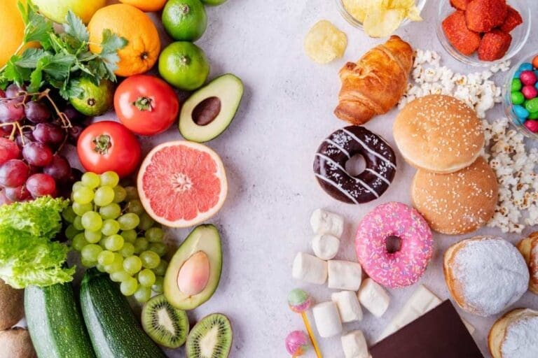 Colorful comparison of whole foods like fruits and vegetables on the left and ultra-processed foods like donuts, chips, and candy on the right.
