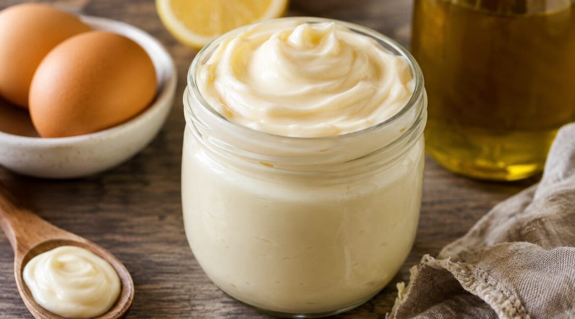 Seed oil-free mayonnaise in a glass jar with eggs, avocado oil, and fresh lemon on a rustic wooden table.