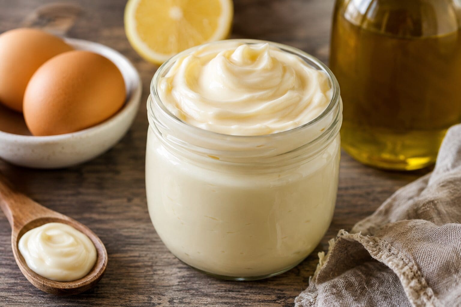 Seed oil-free mayonnaise in a glass jar with eggs, avocado oil, and fresh lemon on a rustic wooden table.